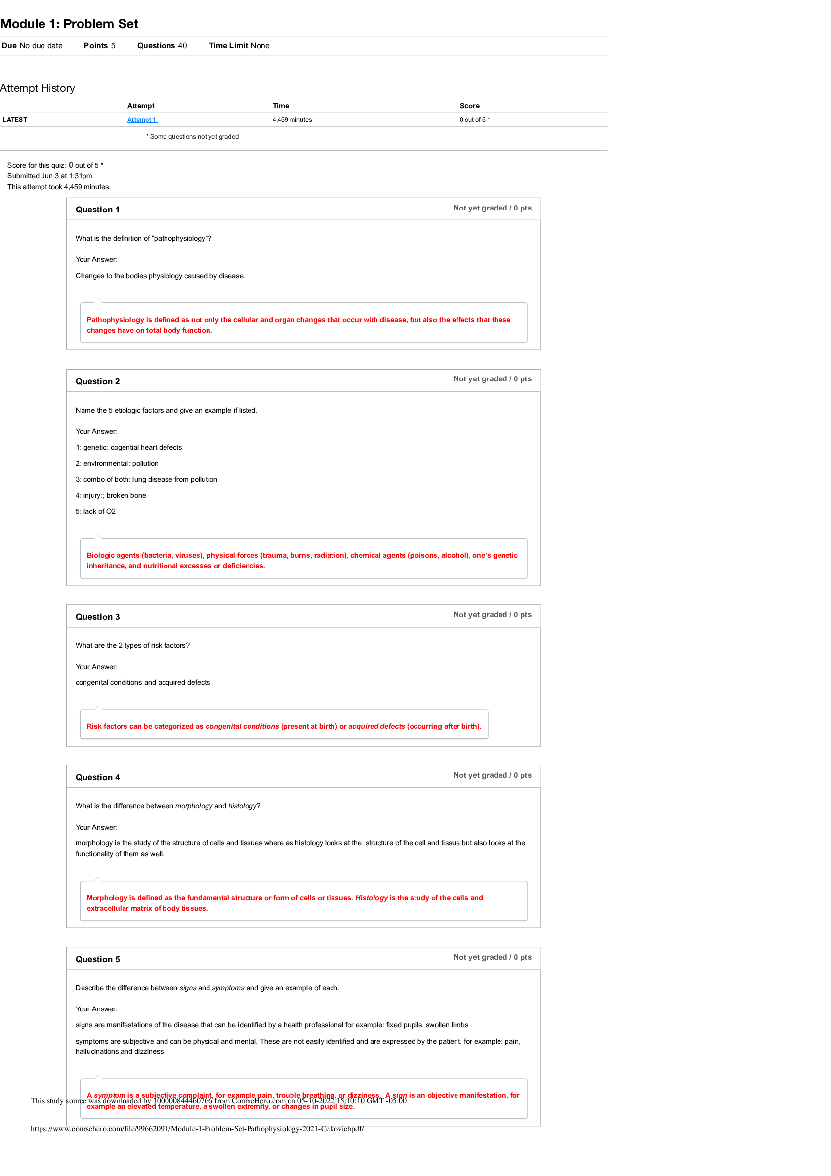 Preview of Nursing BS 231 Module 1 Problem Set Pathophysiology 2021- Portage Learning
